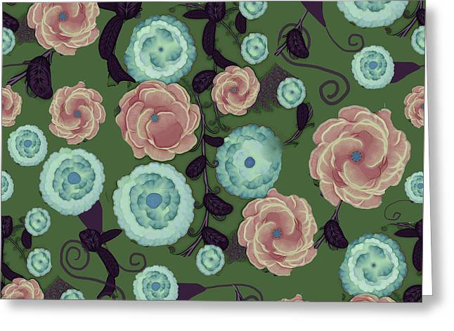 Earthy Peach and Turquoise Flower Pattern - Greeting Card
