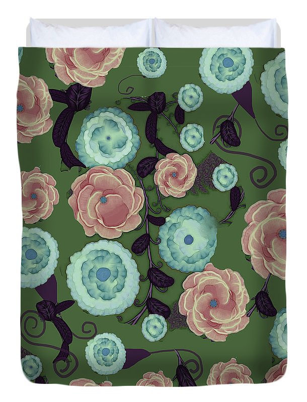 Earthy Peach and Turquoise Flower Pattern - Duvet Cover