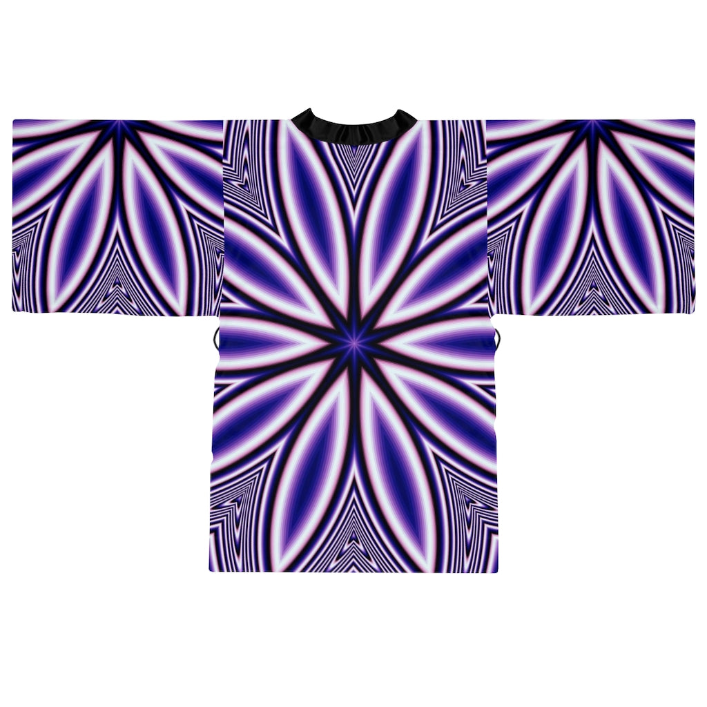 Blue Fractal Flower Kaleidoscope Long Sleeve Kimono Robe
