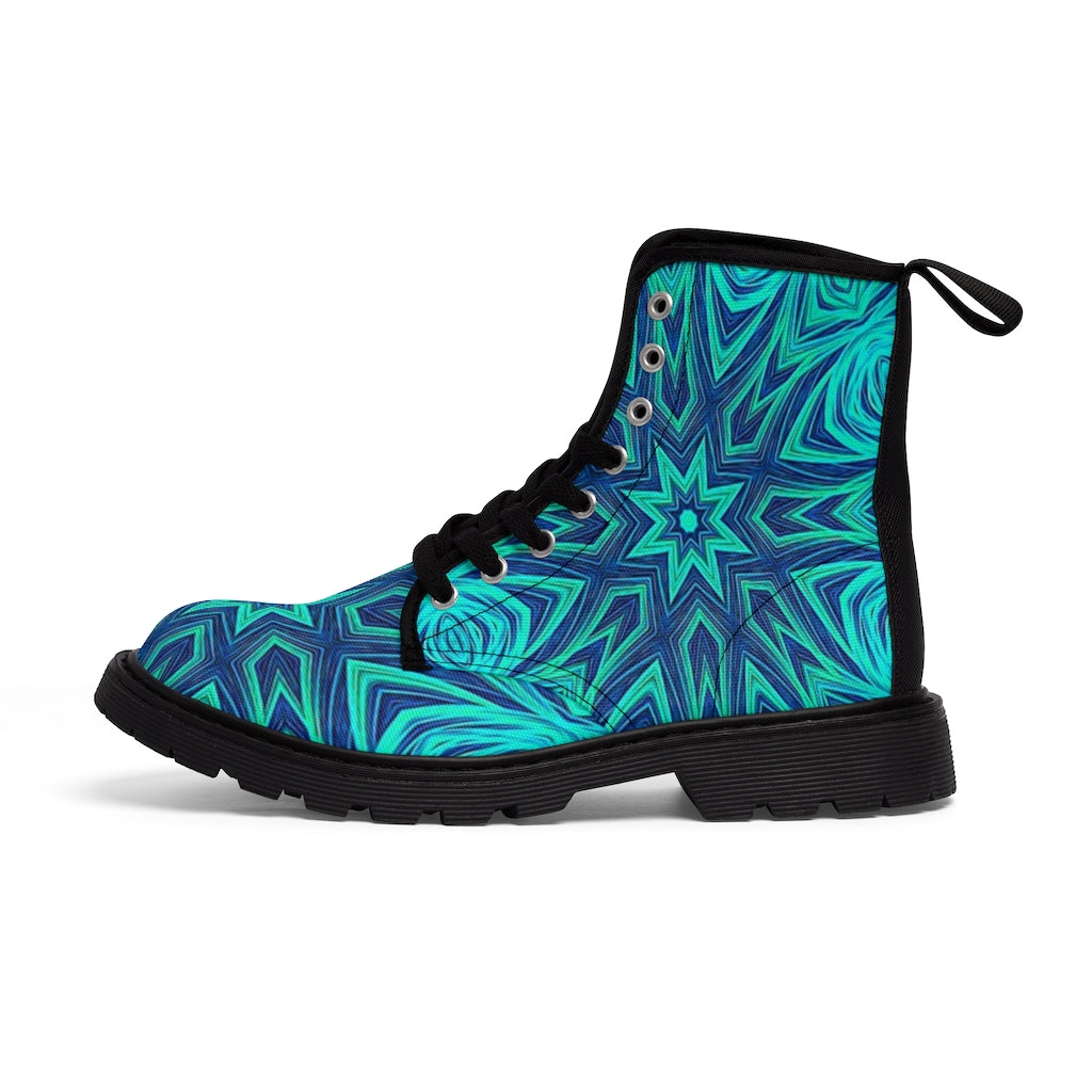 Blue Ice Fractal Kaleidoscope Women's Canvas Boots