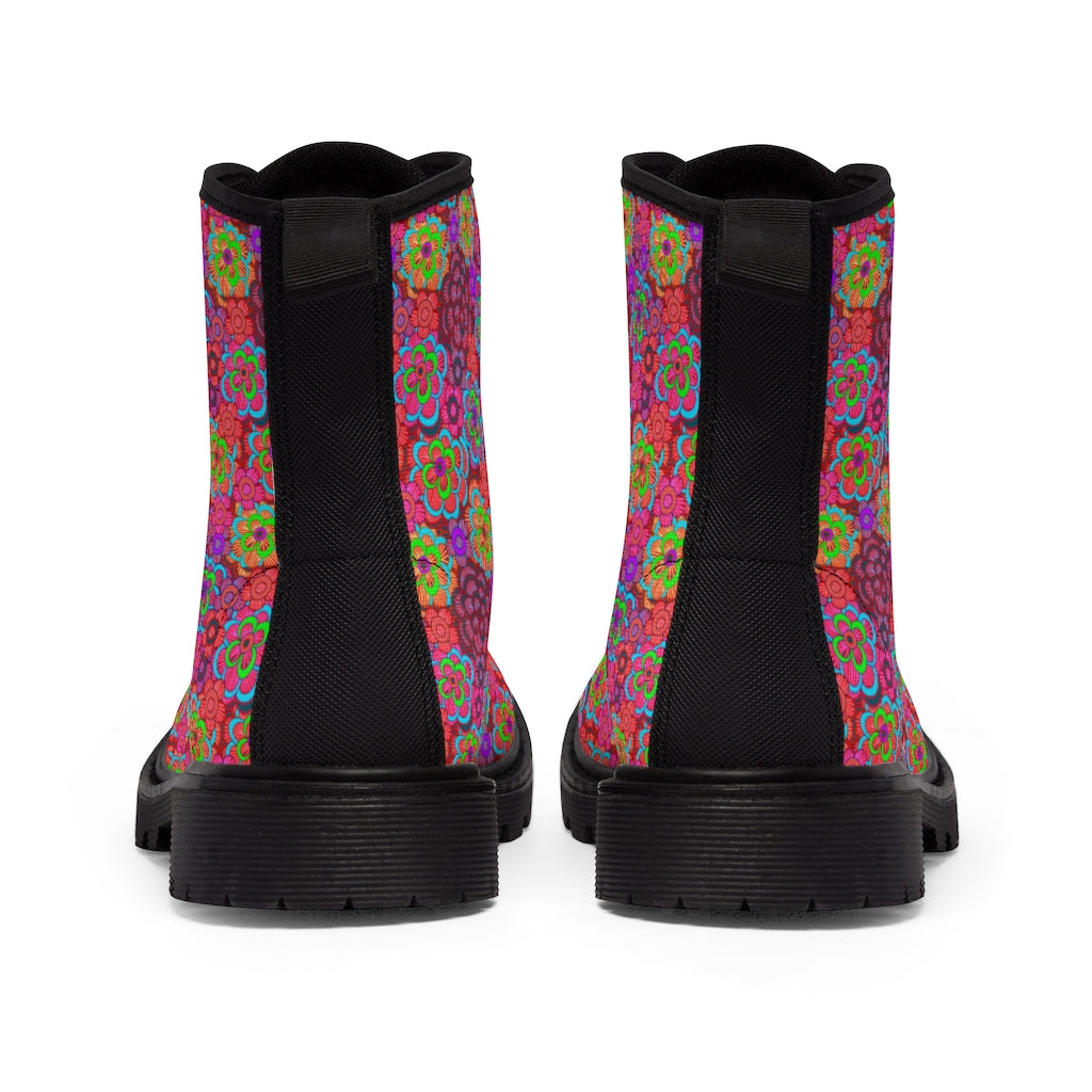 Pink Retro Flowers Women's Canvas Boots