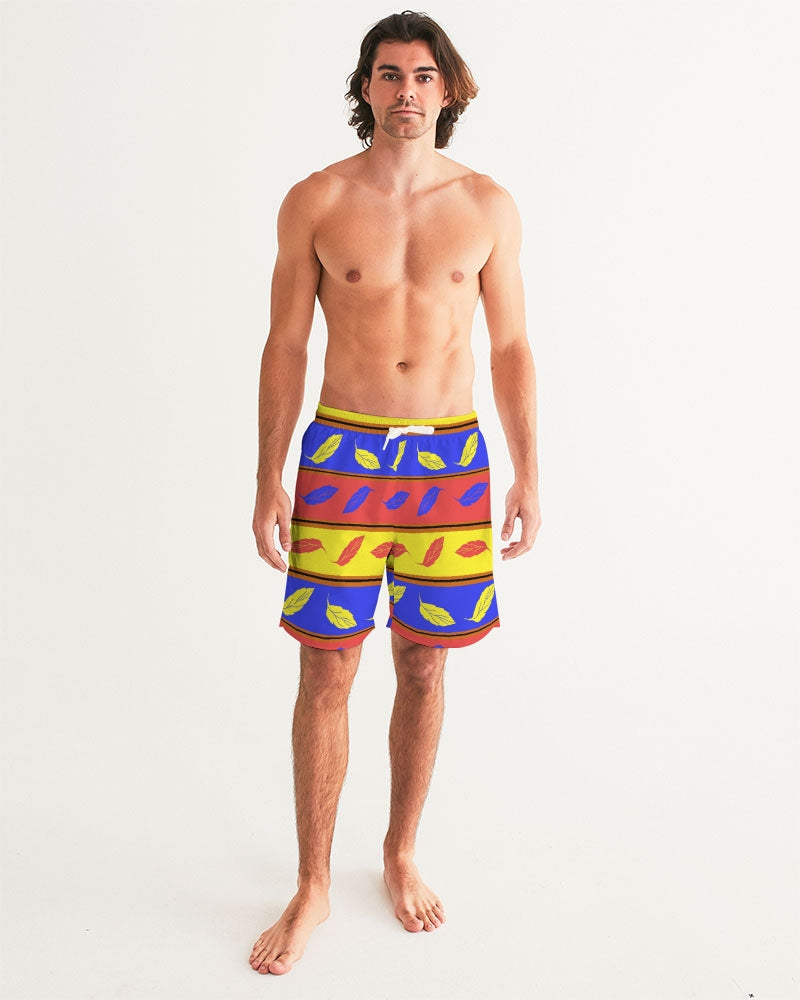 Red Yellow and Blue Leaf Stripes Men's Swim Trunk