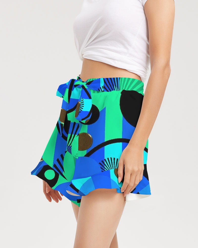 Blue Green Stripes and Dots Women's Ruffle Shorts