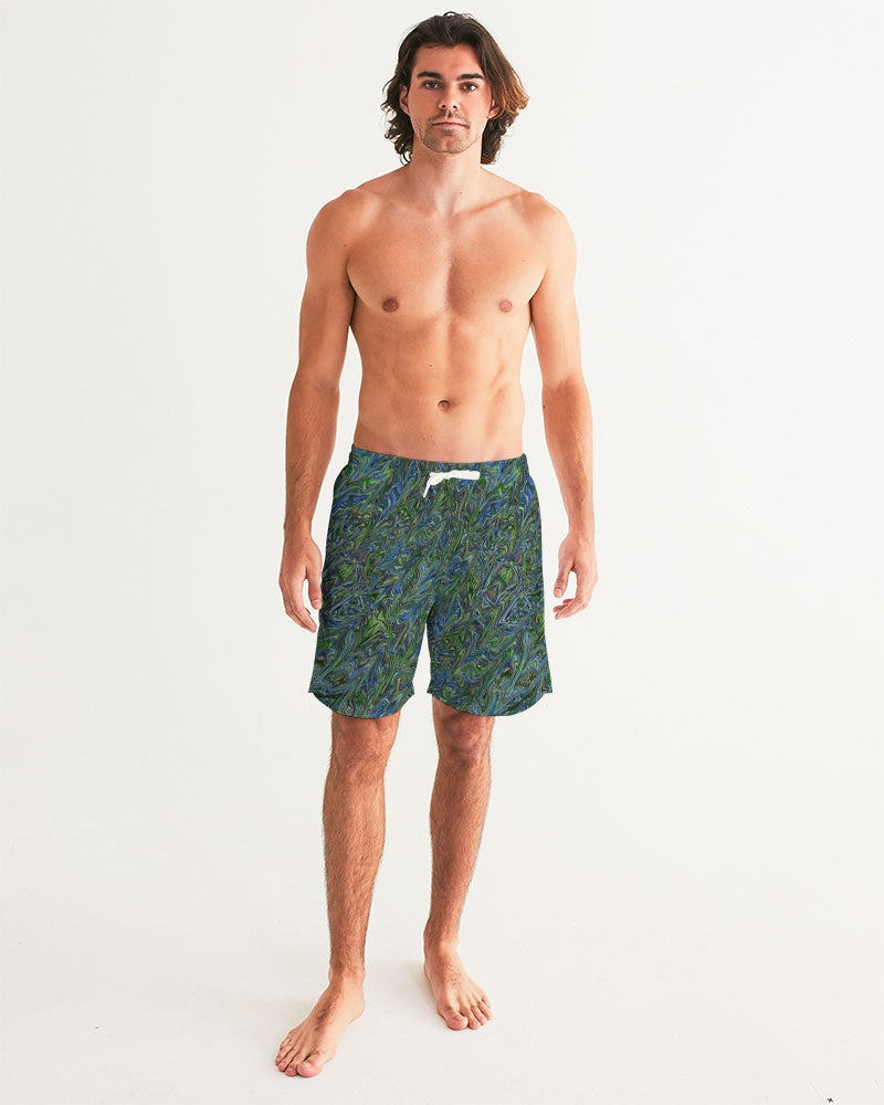 Blue Green Liquid Marbling Men's Swim Trunk