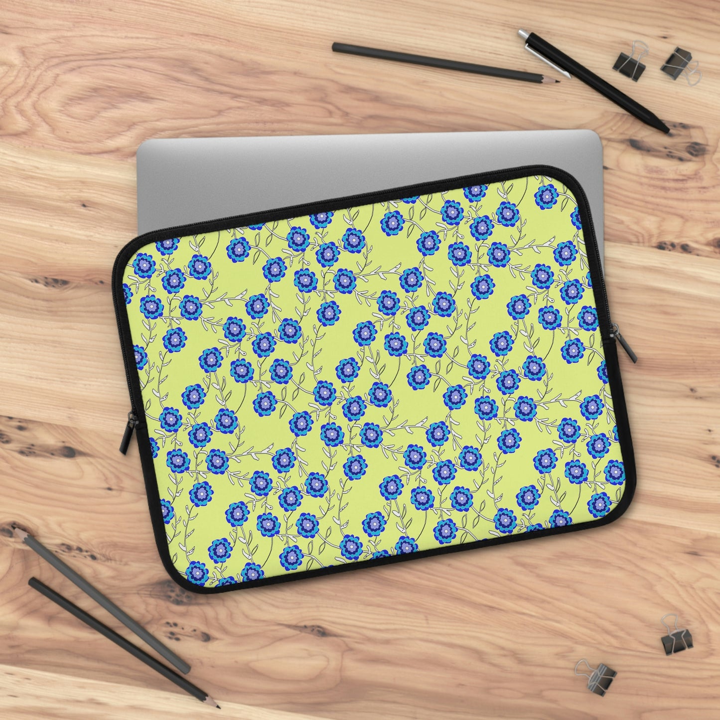 Blue Flowers On Yellow Laptop Sleeve