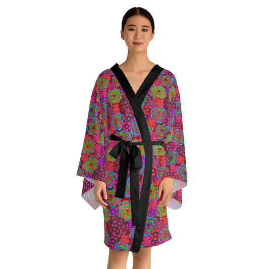 Pink Striped Flower Pattern Long Sleeve Kimono Robe