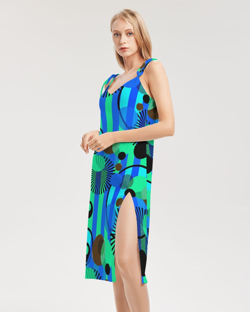 Blue Green Stripes and Dots Women's Tie Strap Split Dress