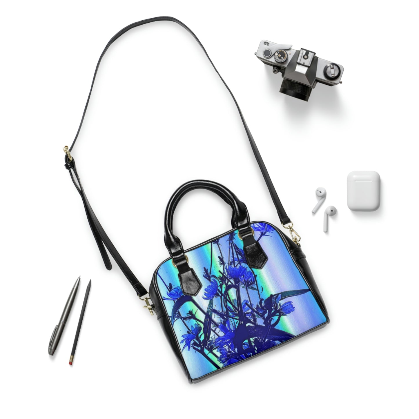 Blue Wildflowers with Backlight Shoulder Handbag