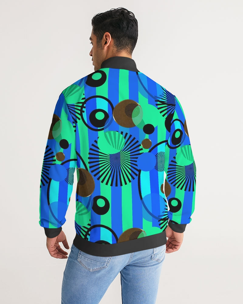 Blue Green Stripes and Dots Men's Stripe-Sleeve Track Jacket