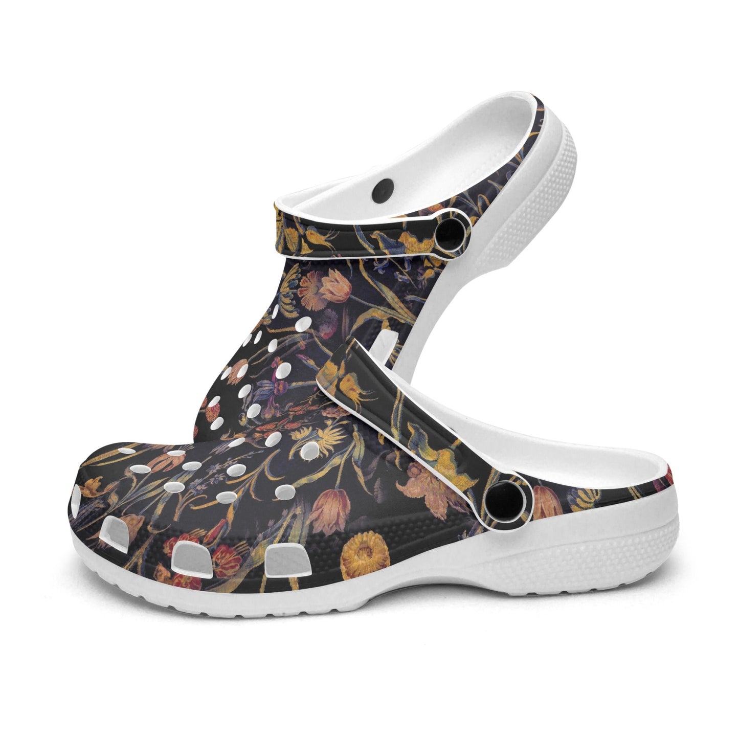Medieval Flowers On Black 413. All Over Printed Clogs