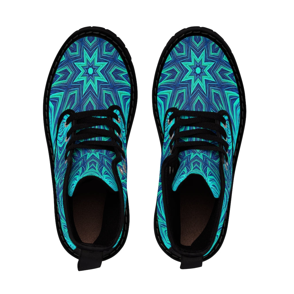 Blue Ice Fractal Kaleidoscope Women's Canvas Boots