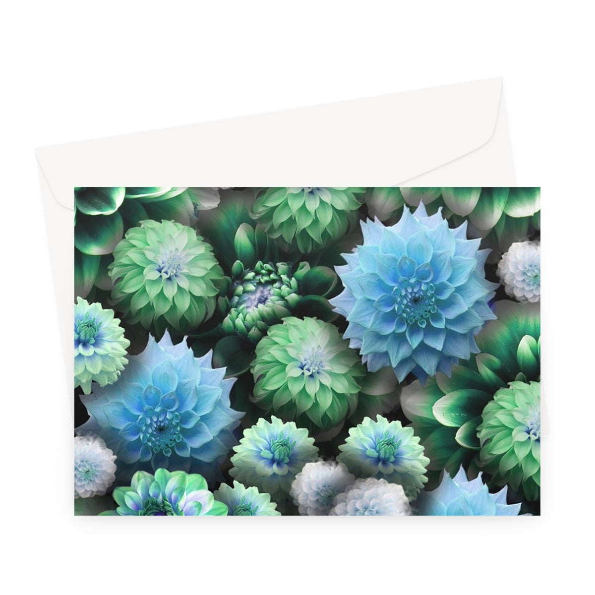 Blue Green Dahlias Greeting Card