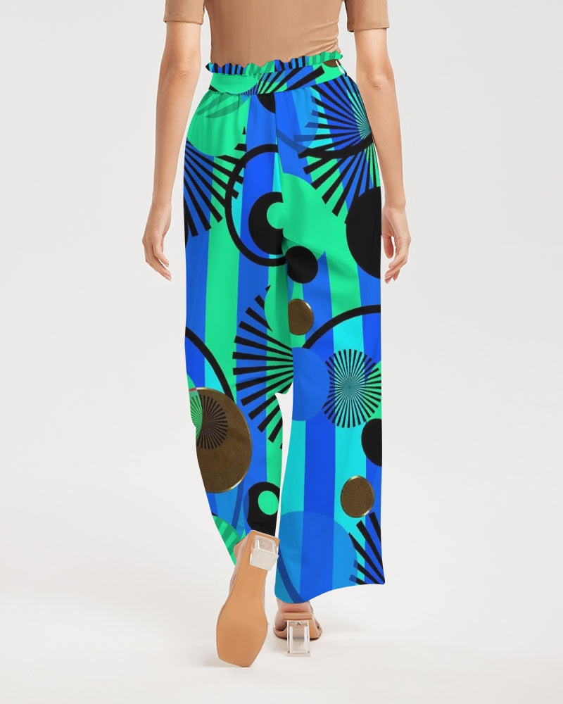 Blue Green Stripes and Dots Women's High-Rise Wide Leg Pants