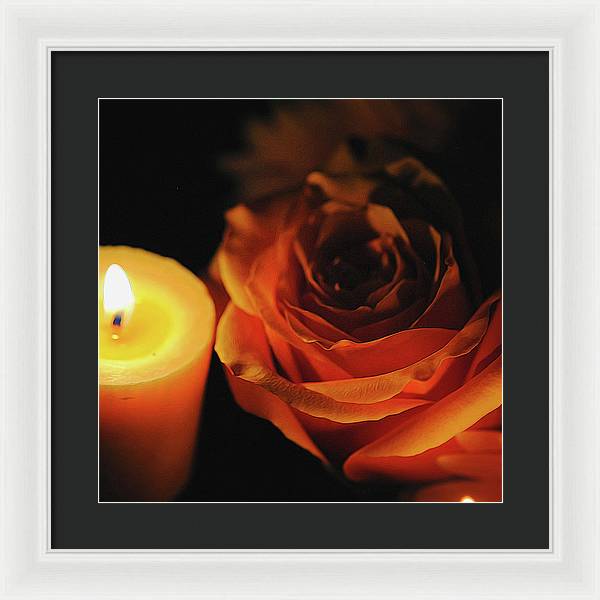 Orange Rose By Candle Light - Framed Print