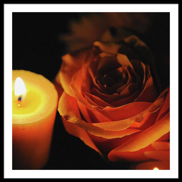 Orange Rose By Candle Light - Framed Print