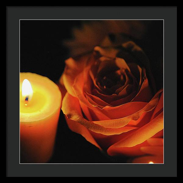 Orange Rose By Candle Light - Framed Print