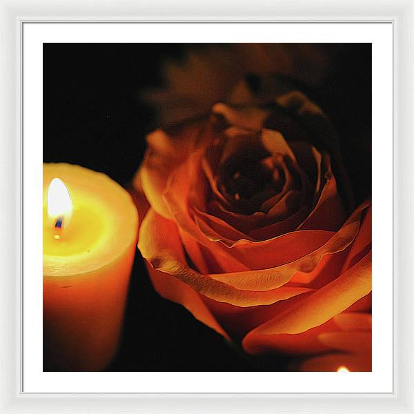 Orange Rose By Candle Light - Framed Print