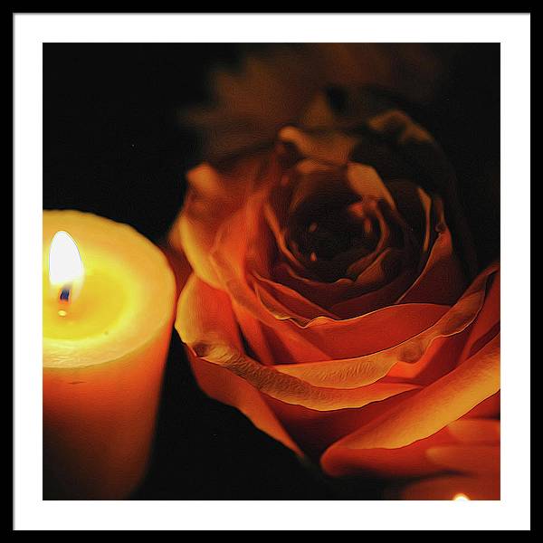 Orange Rose By Candle Light - Framed Print