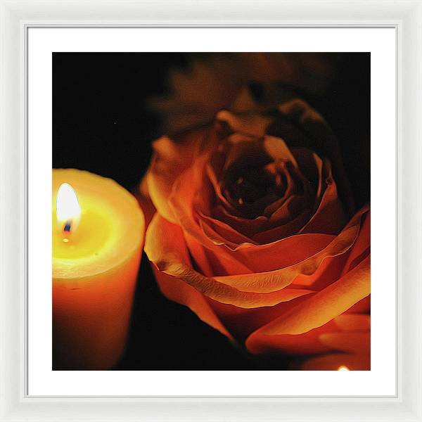 Orange Rose By Candle Light - Framed Print