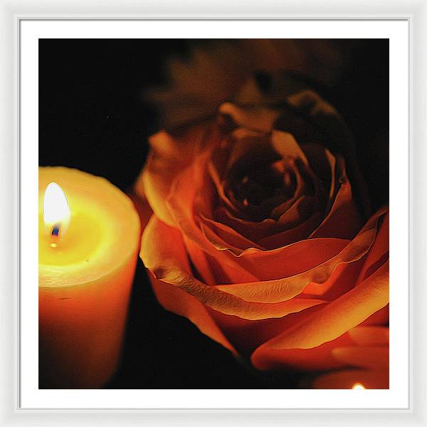 Orange Rose By Candle Light - Framed Print