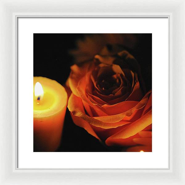 Orange Rose By Candle Light - Framed Print