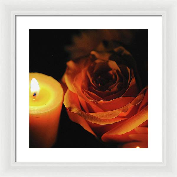 Orange Rose By Candle Light - Framed Print