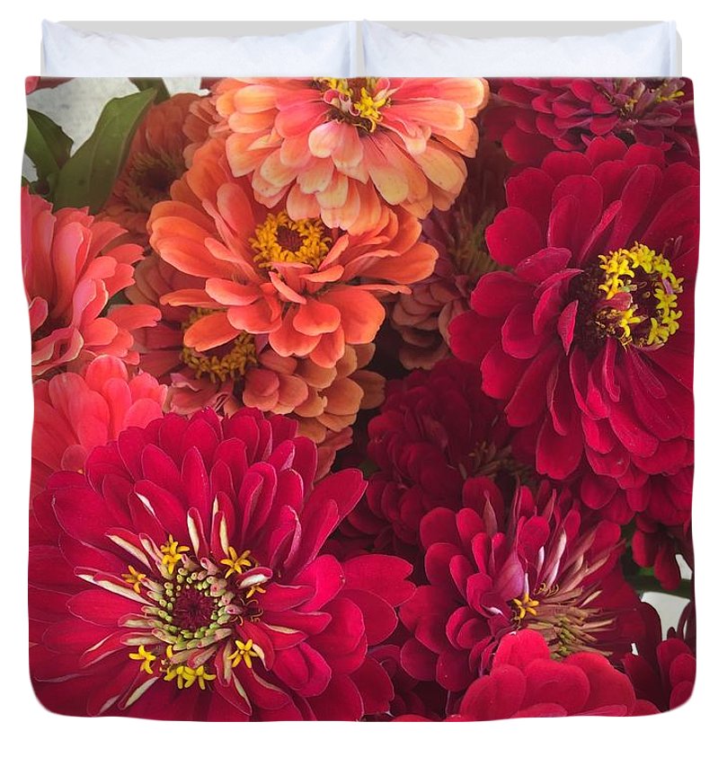 Peach and Pink Zinnias - Duvet Cover