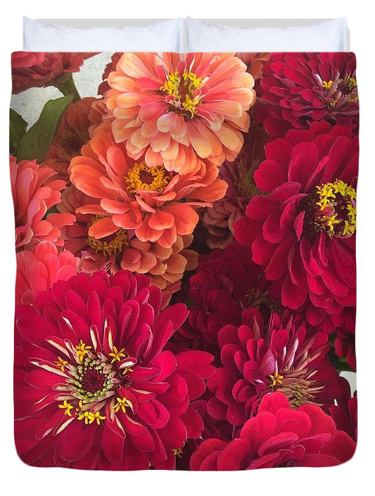 Peach and Pink Zinnias - Duvet Cover