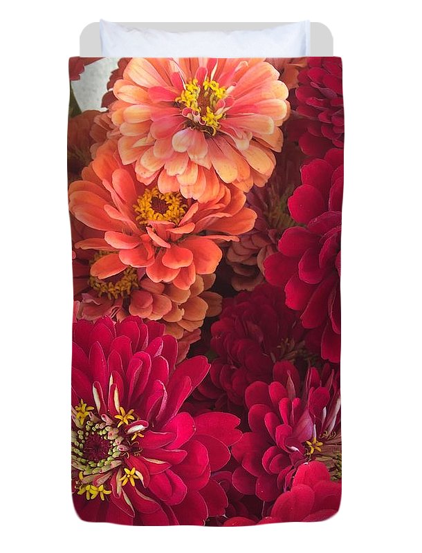 Peach and Pink Zinnias - Duvet Cover