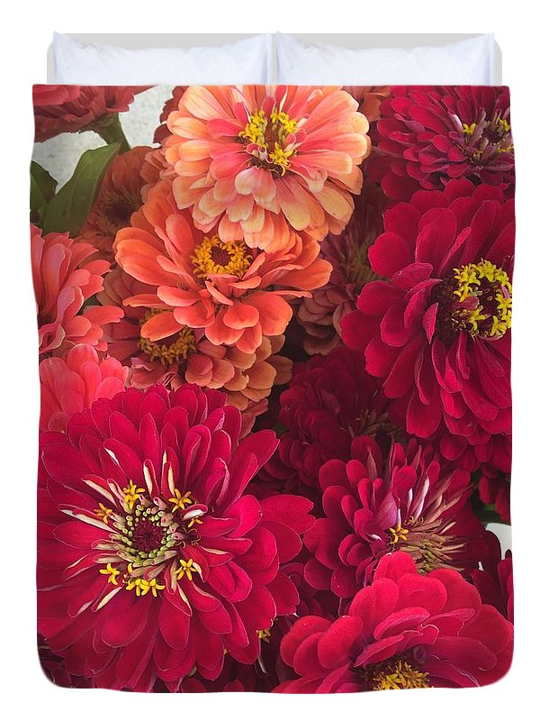Peach and Pink Zinnias - Duvet Cover