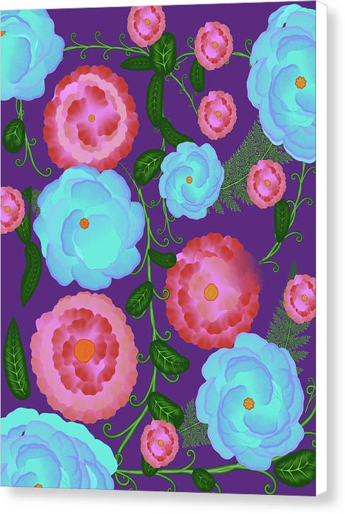 Pink and Blue Flowers On Purple - Canvas Print