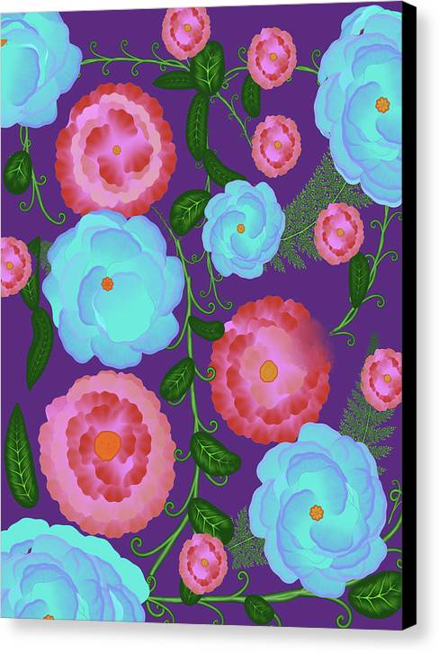 Pink and Blue Flowers On Purple - Canvas Print