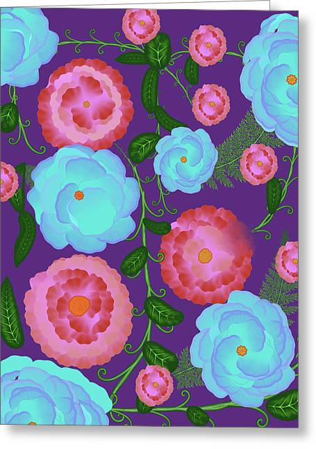Pink and Blue Flowers On Purple - Greeting Card
