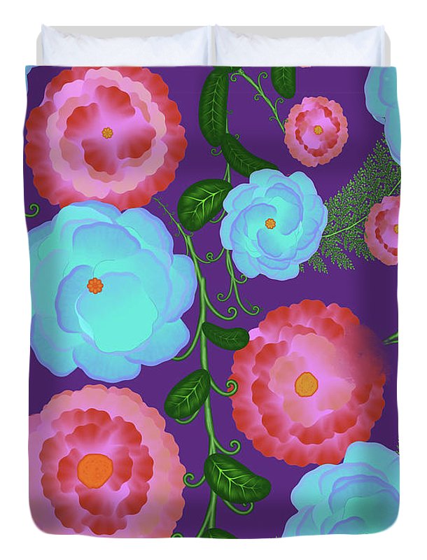 Pink and Blue Flowers On Purple - Duvet Cover