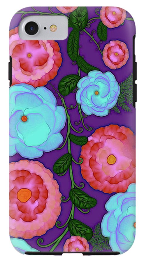Pink and Blue Flowers On Purple - Phone Case