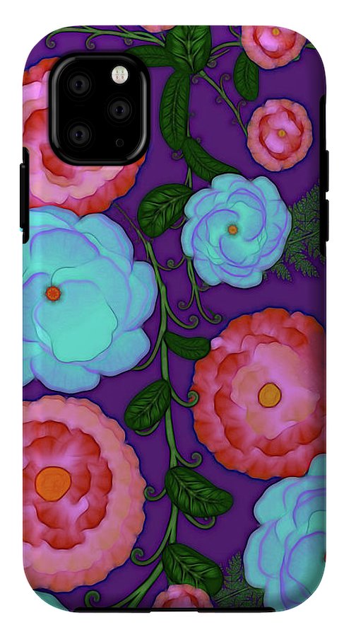 Pink and Blue Flowers On Purple - Phone Case