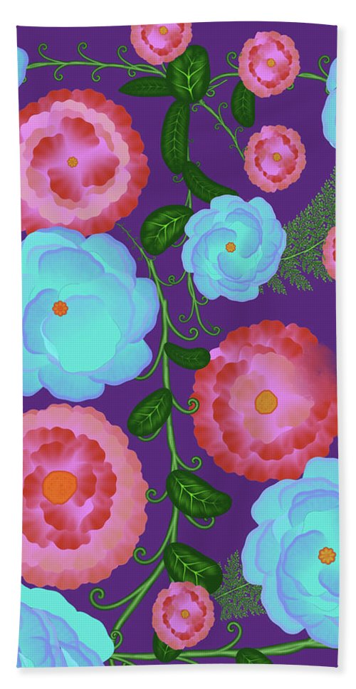 Pink and Blue Flowers On Purple - Bath Towel