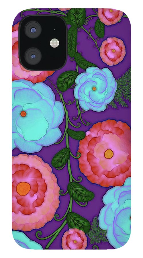 Pink and Blue Flowers On Purple - Phone Case