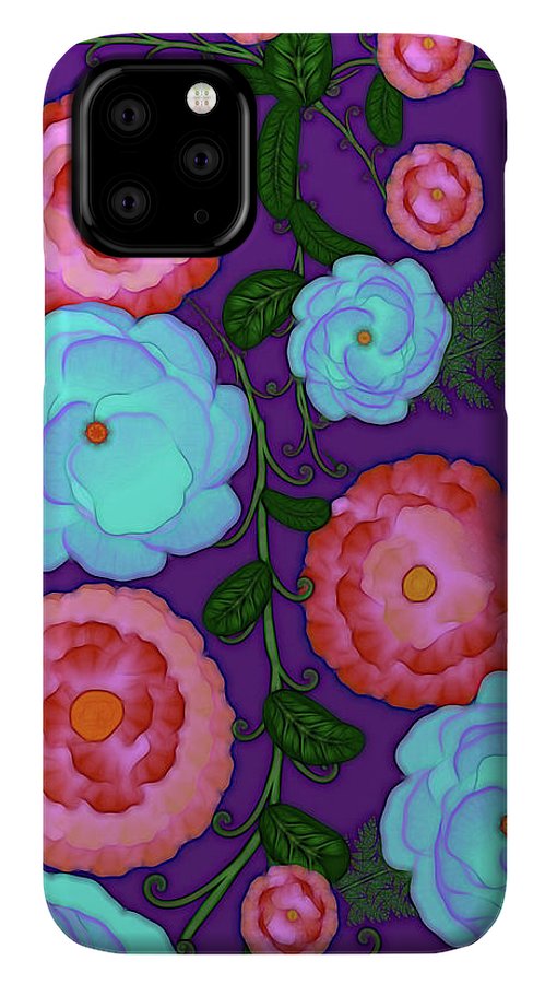 Pink and Blue Flowers On Purple - Phone Case