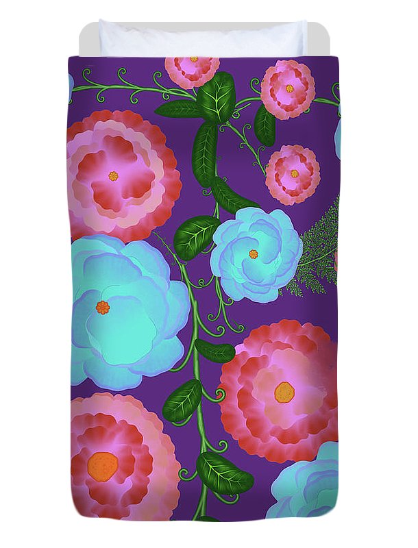 Pink and Blue Flowers On Purple - Duvet Cover