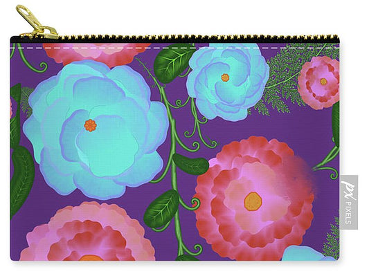 Pink and Blue Flowers On Purple - Carry-All Pouch