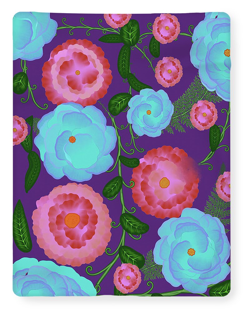 Pink and Blue Flowers On Purple - Blanket