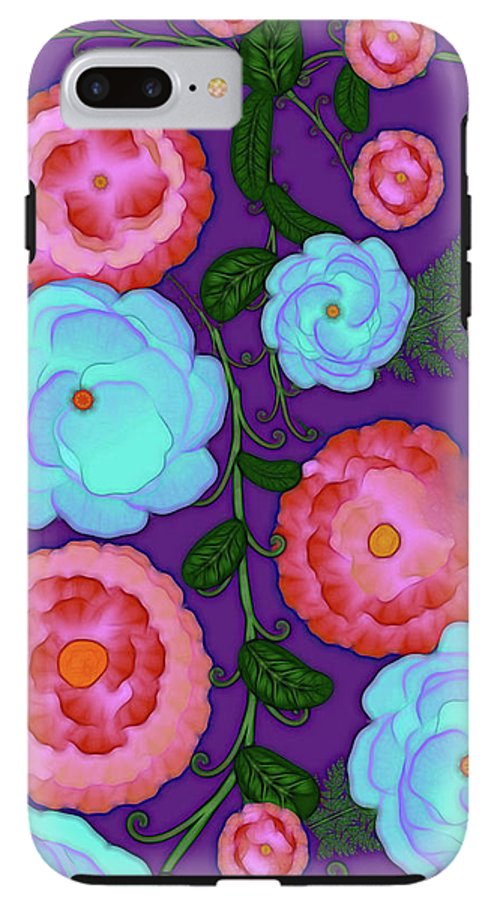 Pink and Blue Flowers On Purple - Phone Case