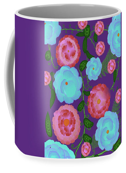 Pink and Blue Flowers On Purple - Mug