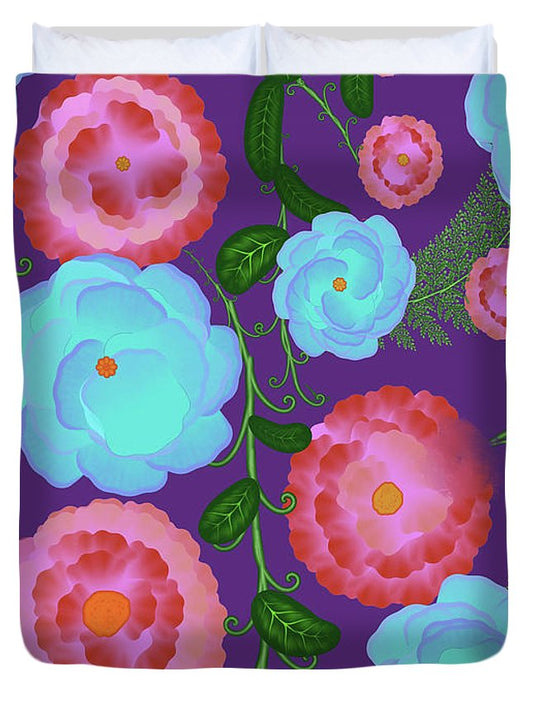 Pink and Blue Flowers On Purple - Duvet Cover