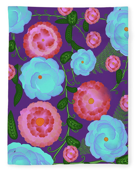 Pink and Blue Flowers On Purple - Blanket