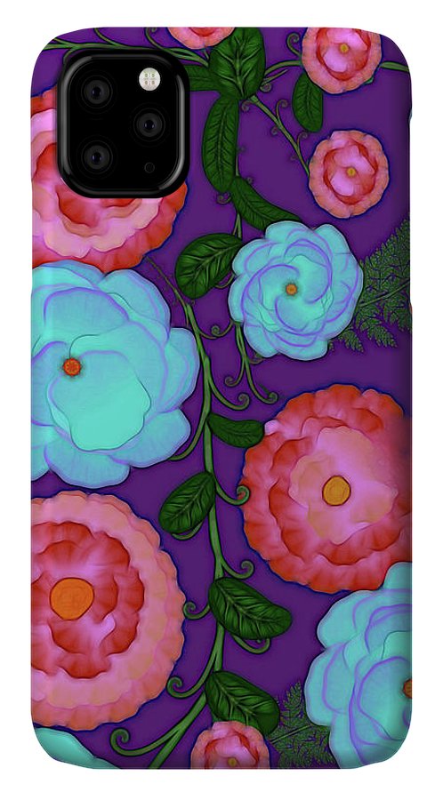 Pink and Blue Flowers On Purple - Phone Case