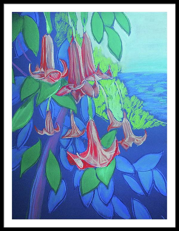 Pink Angels Trumpet Flowers Pastel - Framed Print