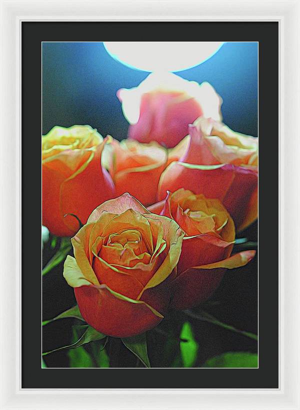 Pinki and Orange Rose Bouquet With Light - Framed Print