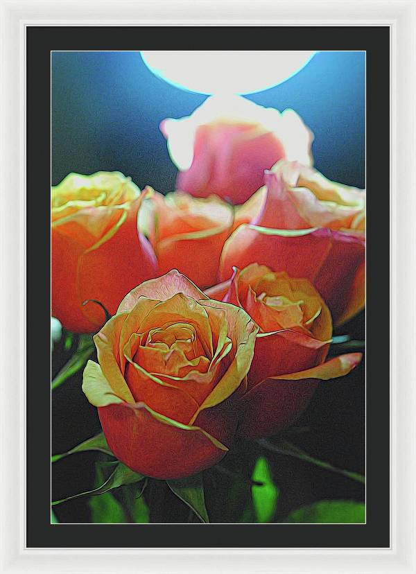 Pinki and Orange Rose Bouquet With Light - Framed Print